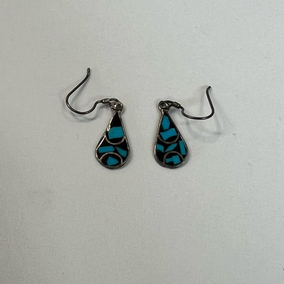 Vintage TAXCO Mexico Turquoise Black Onyx Sterling Silver Earrings - Picture 3 of 6